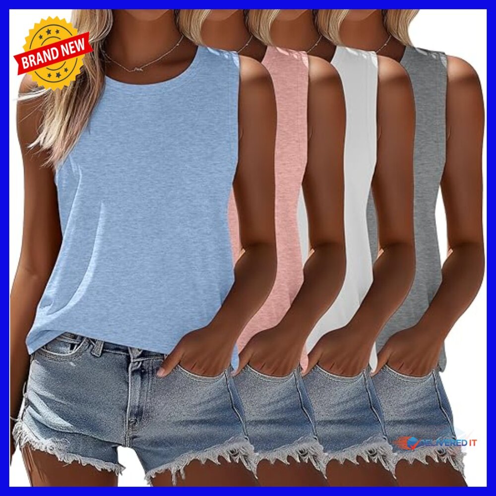 4 Pack Women's Sleeveless Tank Tops, Loose Fit Summer T-Shirts, Crew Neck